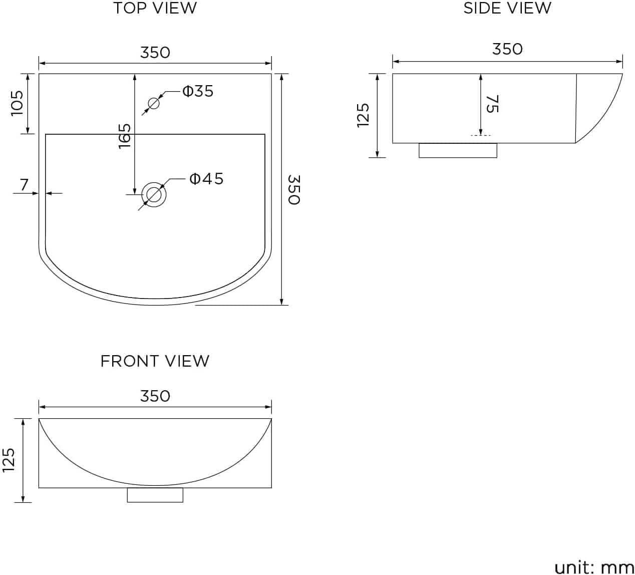 Modern Curved Ceramic Wall Hung Basin - 350mm x 350mm - Gloss White