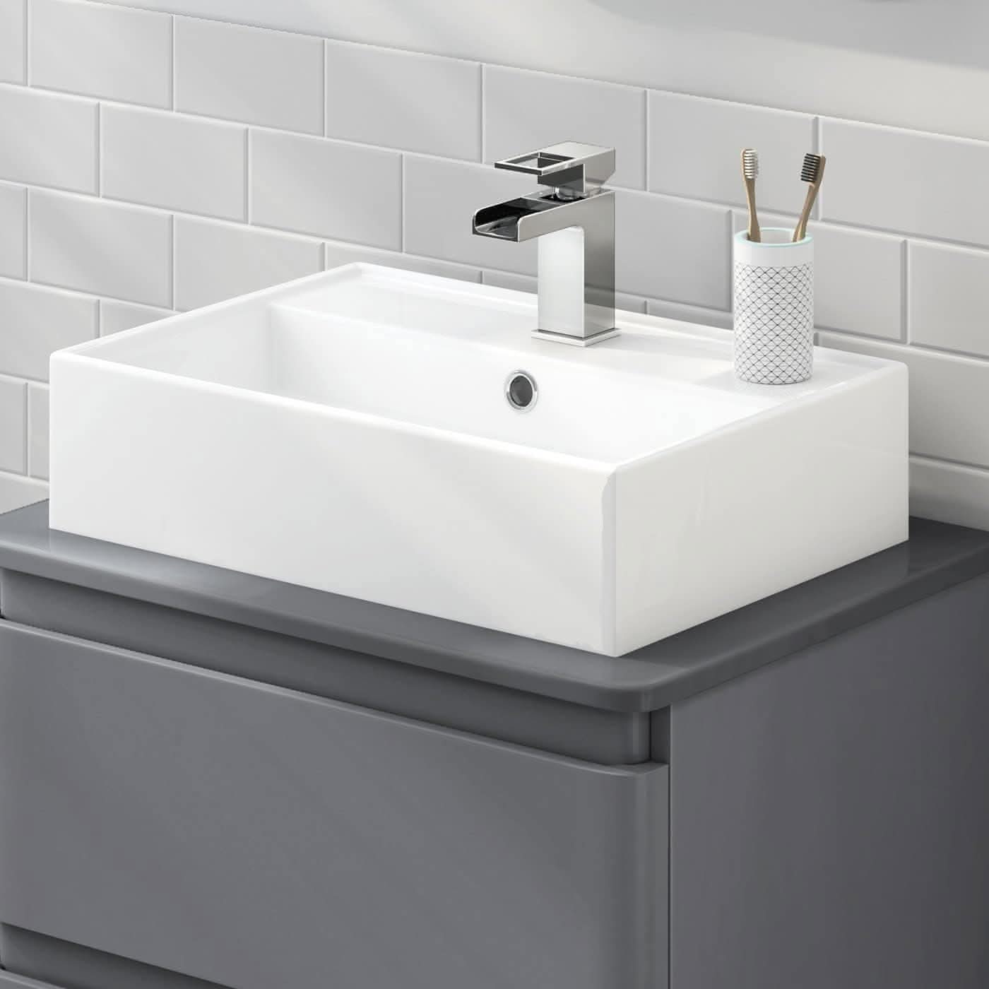 Modern Rectangular Ceramic Wall Hung Basin - 510mm x 360mm - Gloss White