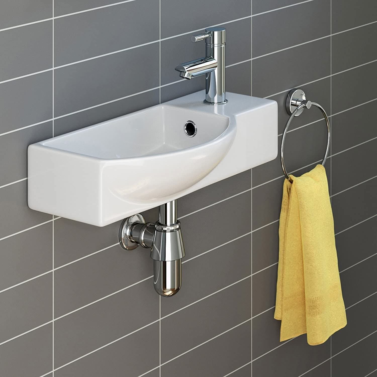 Modern Curved Ceramic Compact Cloakroom Wall Hung Basin - Left Handed - 460mm x 240mm - Gloss White