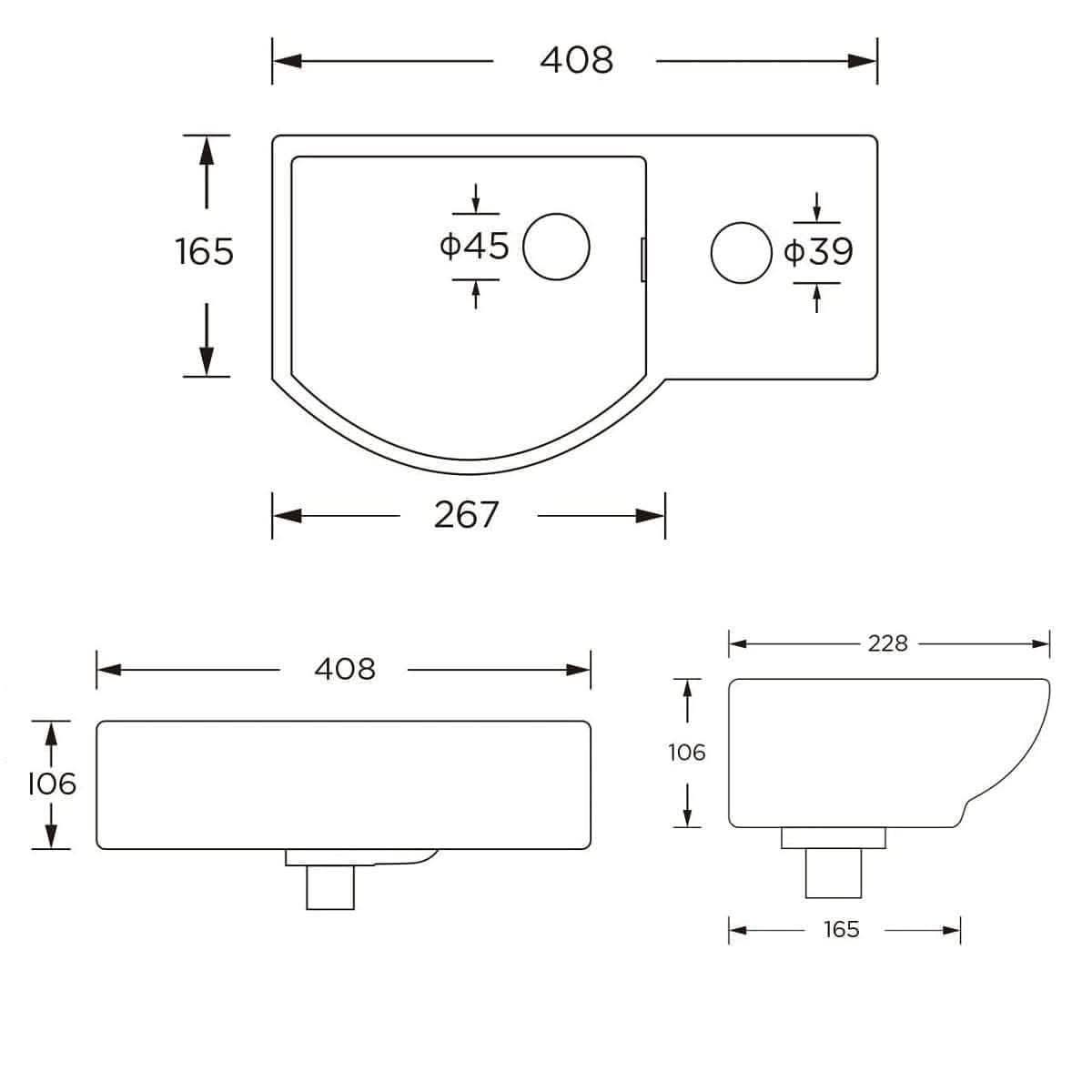 Modern Ceramic Small Cloakroom Wall Hung Basin - 395mm x 280mm - Gloss White