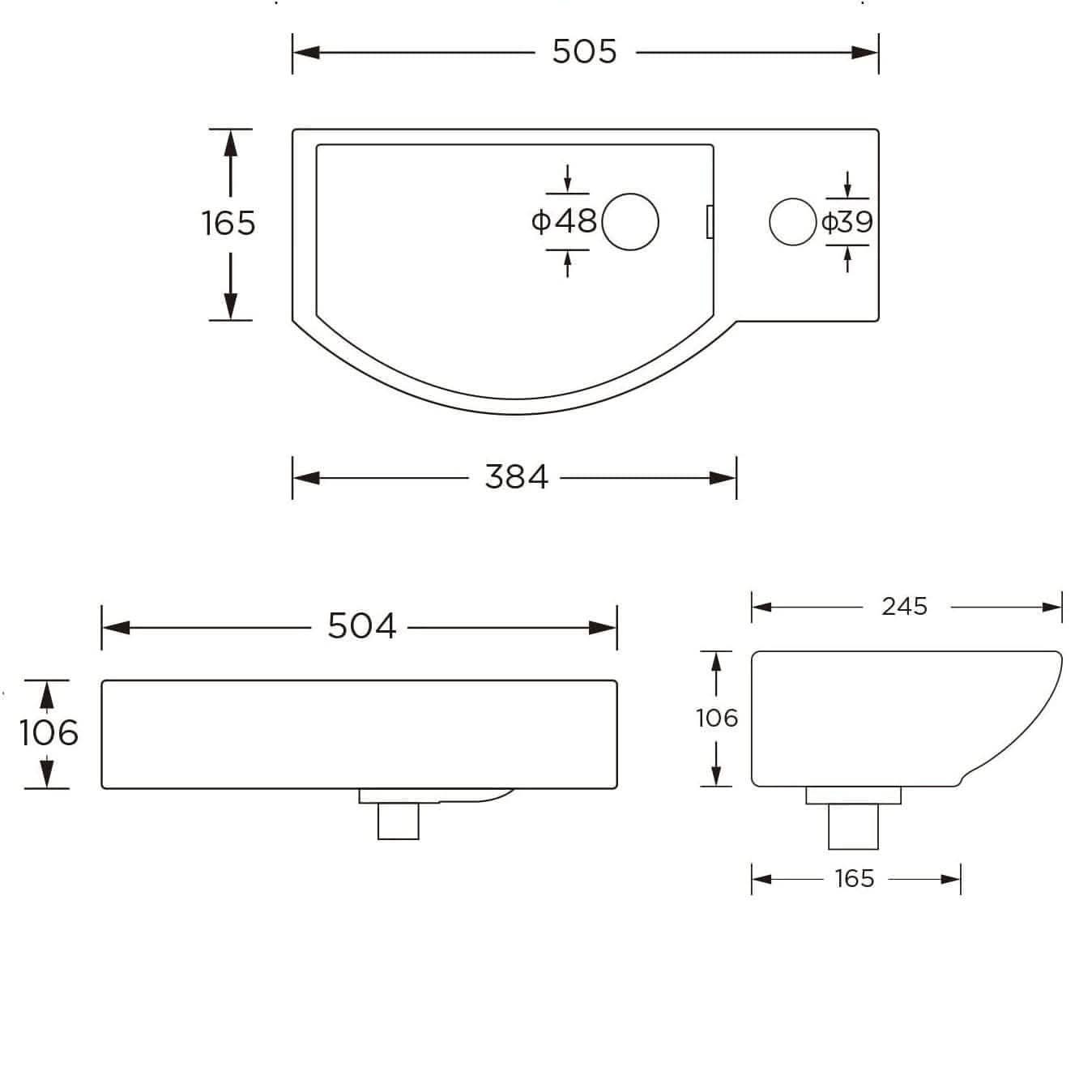 Modern Curved Ceramic Cloakroom Wall Hung Basin - Left Handed - 510mm x 240mm - Gloss White