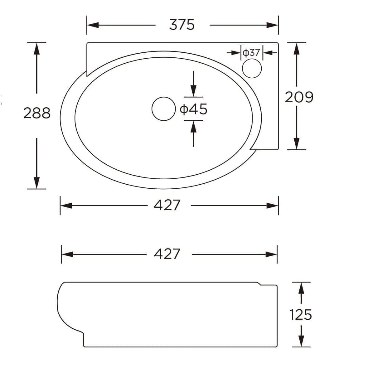 Modern Oval Ceramic Cloakroom Wall Hung Basin - 430mm x 285mm - Gloss White