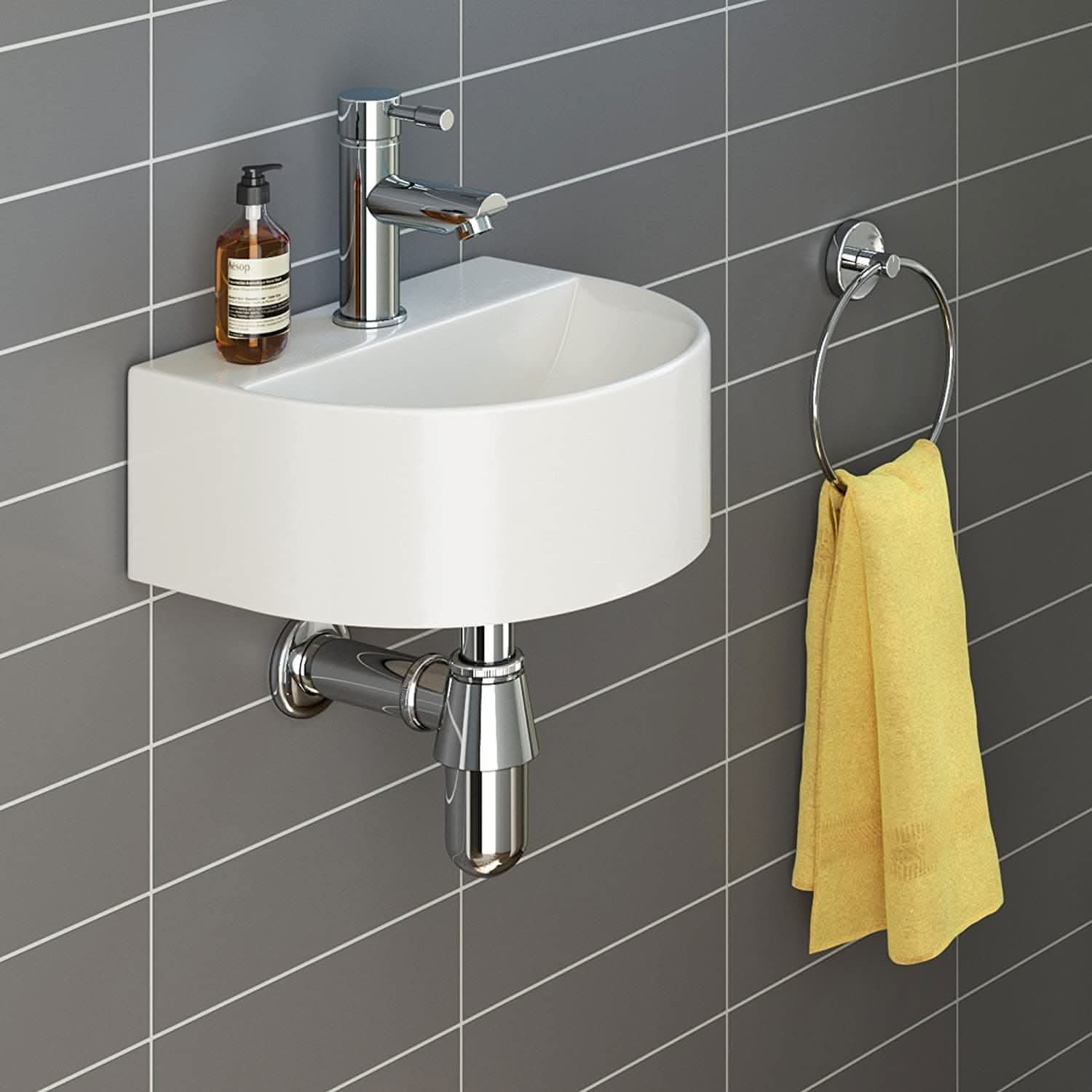 Modern Round Compact Ceramic Wall Hung Cloakroom Basin - 305mm x 255mm - Gloss White