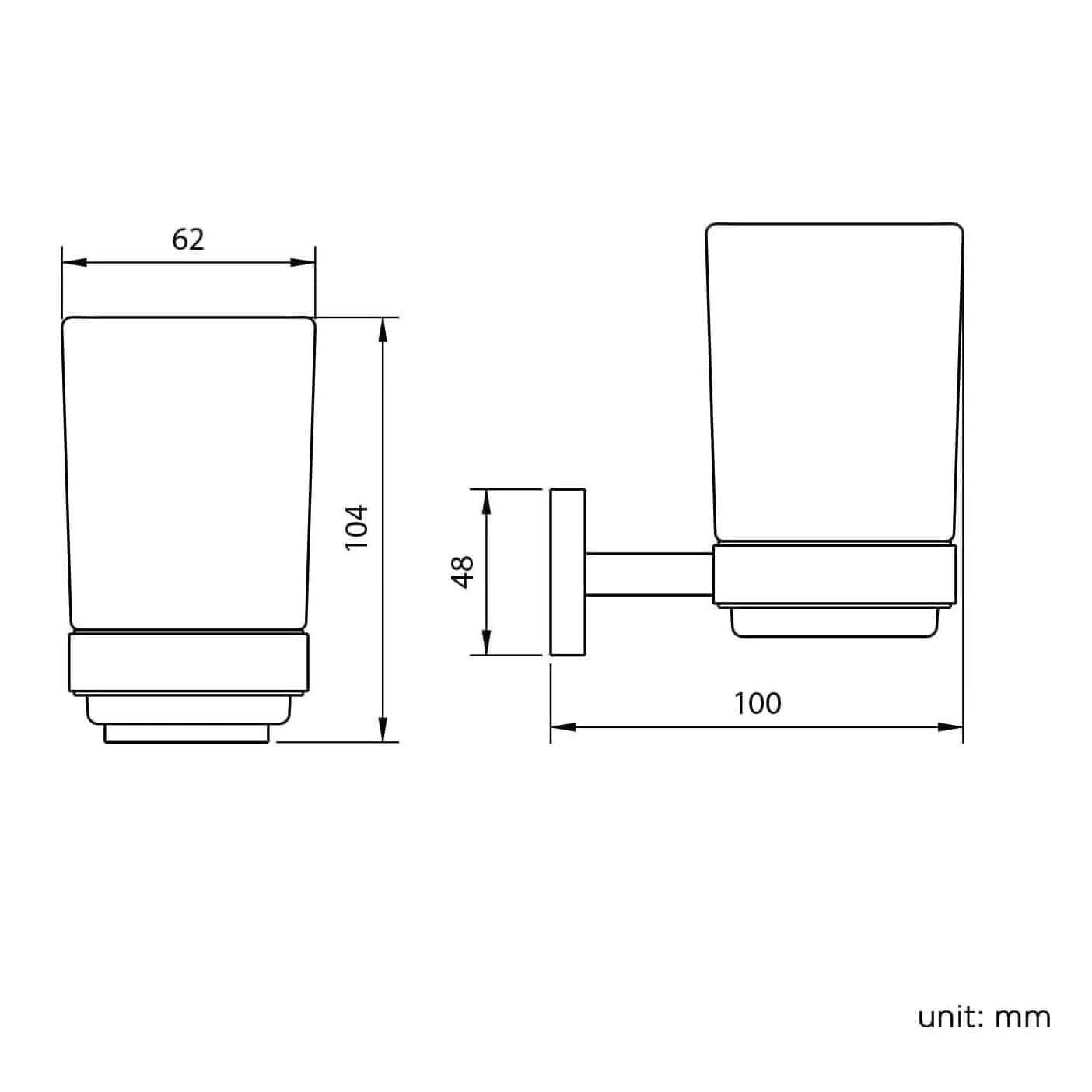 Line drawing of the iBathUK Modern Wall Mounted Square Toothbrush Tumbler Holder - Chrome; measures 104mm high, 62mm wide, 100mm deep from wall, with cup base 48mm above mounting plate. All measurements in millimeters.