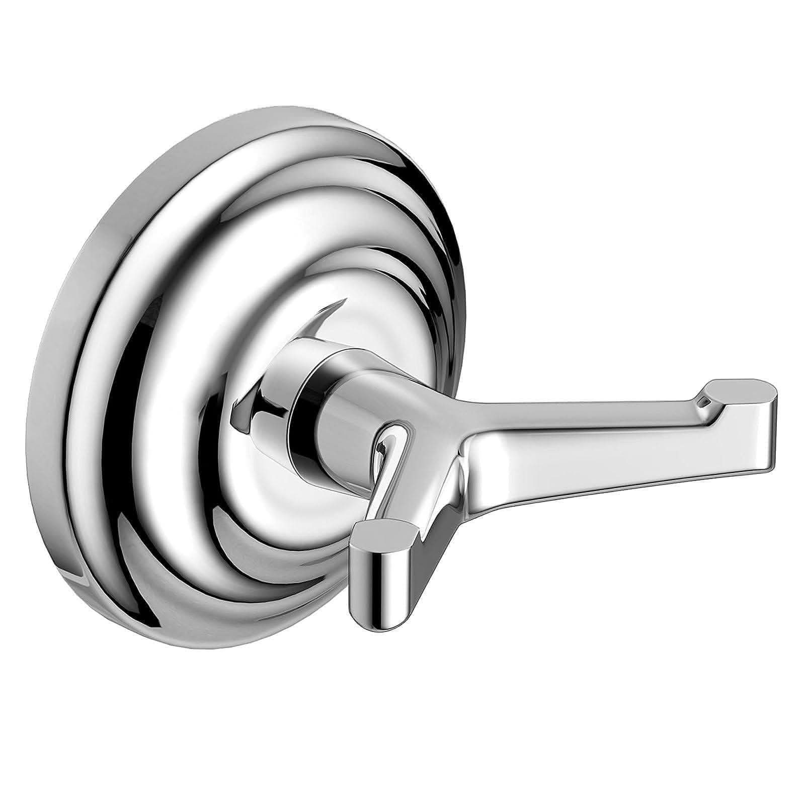 The iBathUK Traditional Round Towel Robe Hook in chrome features a wall-mounted design with a round backplate and two angled prongs, ideal for neatly hanging robes or towels in any bathroom.