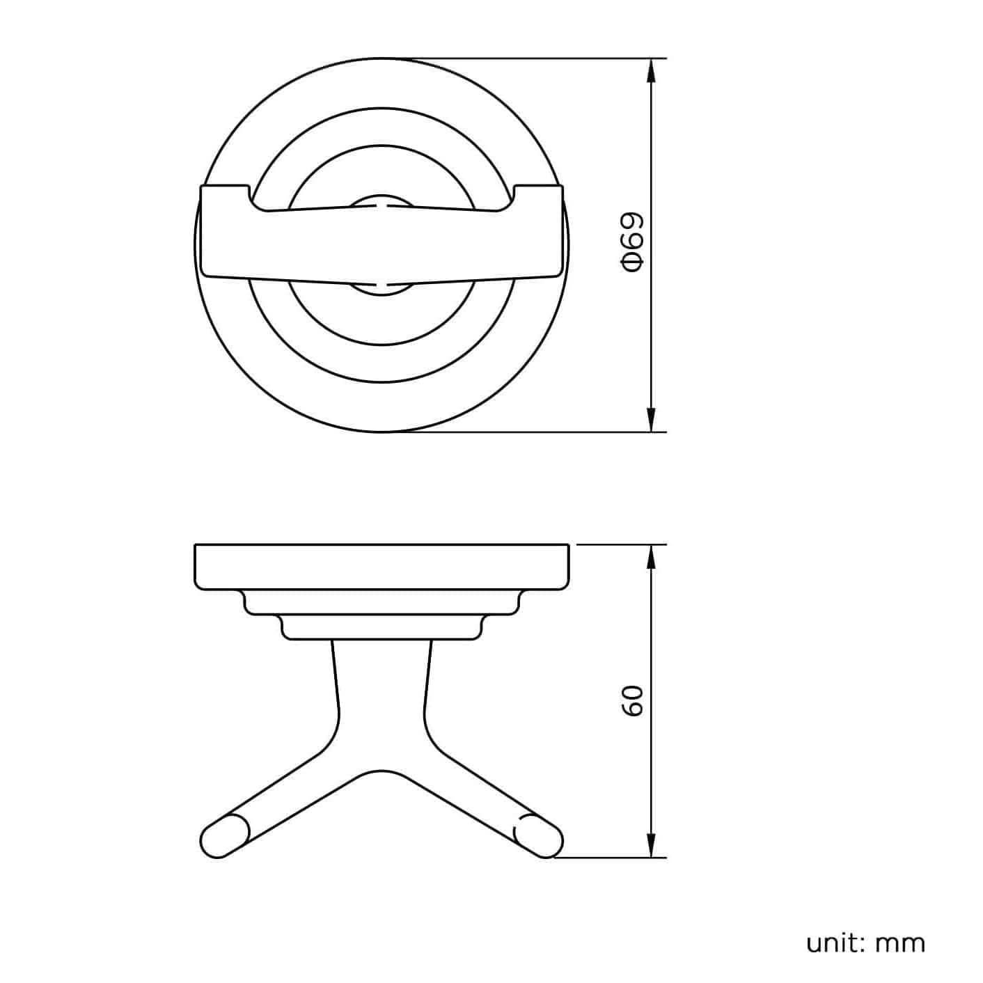 Line drawings show the iBathUK Traditional Round Towel Robe Hook - Chrome with a cross-shaped base, top and side views. The hook measures 69 mm in diameter and 60 mm high. All dimensions are in millimeters.