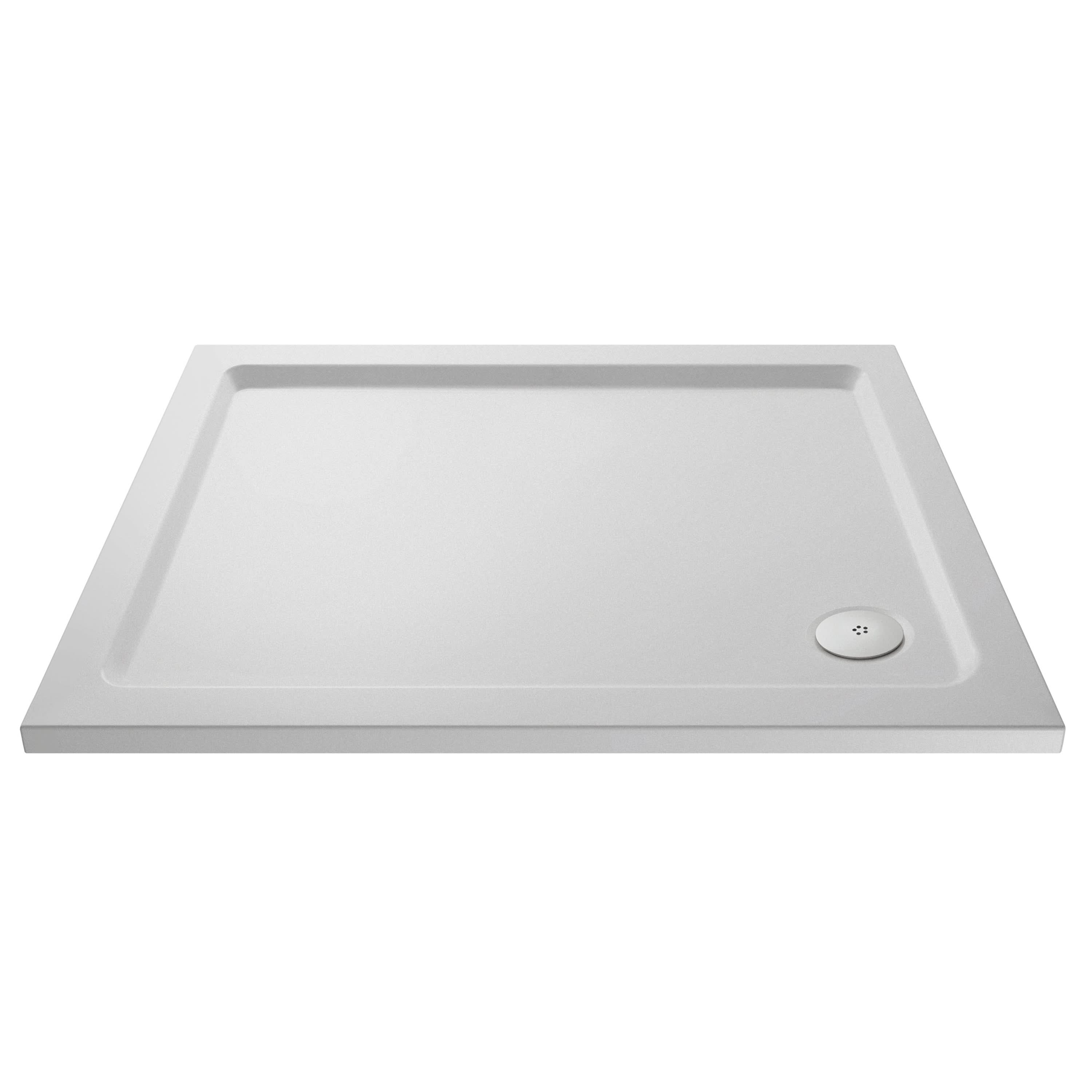 The Nuie Slip Resistant Rectangular Shower Tray in white features a flat, slip-resistant surface, raised edges, and a circular drain hole positioned near one corner.