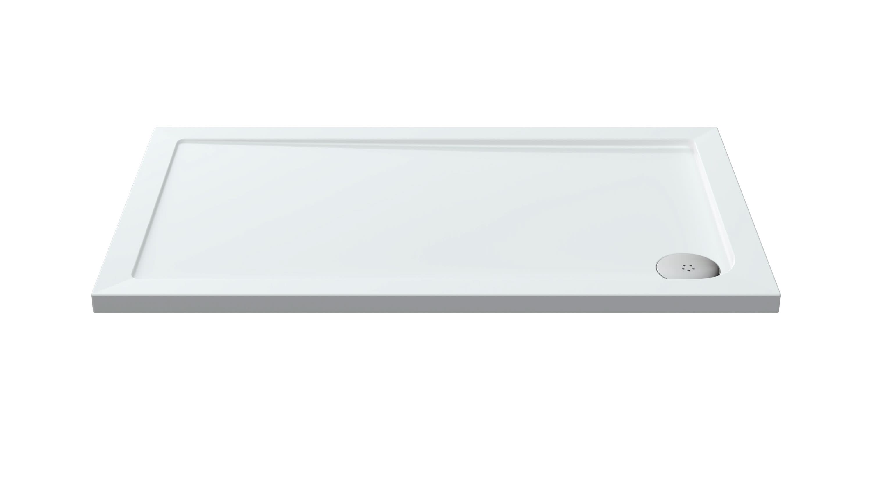 The Nuie Pearlstone Rectangular Shower Tray in White by Nuie features raised edges and a corner circular drain, ideal for contemporary bathrooms, shown on a white background.