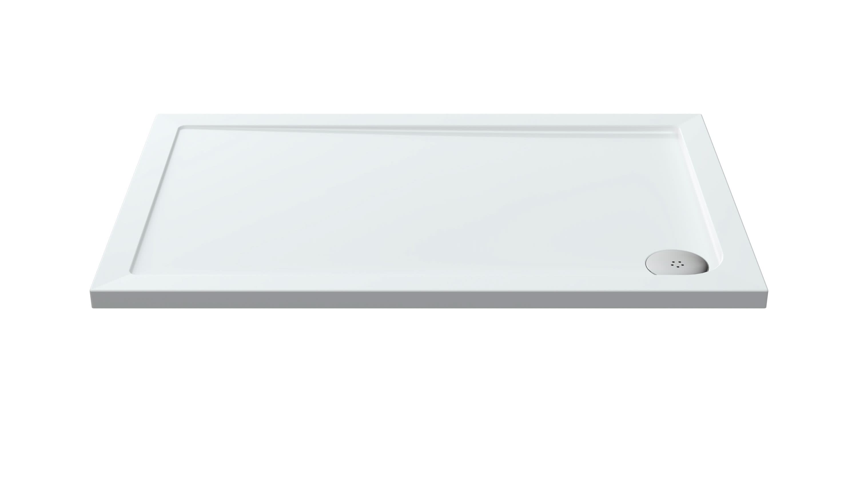The Nuie Pearlstone Rectangular Shower Tray in white by Nuie features a slightly raised edge and a corner circular drain, ideal for contemporary bathrooms. Shown against a plain white background.