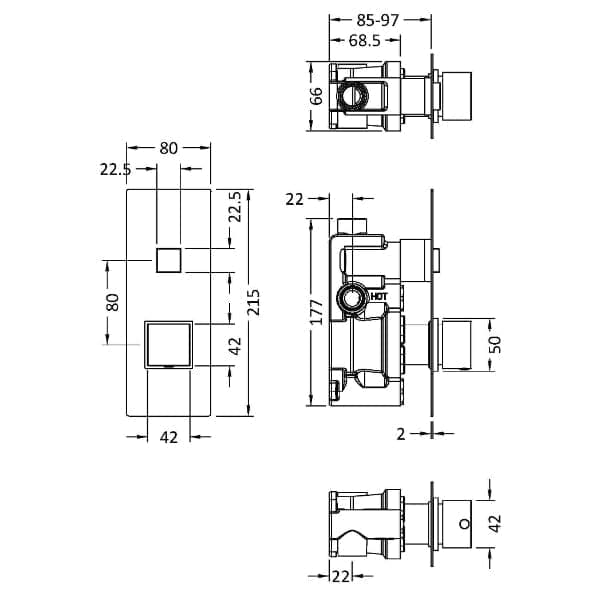 Nuie Concealed Shower Valves Nuie 1 Outlet Square Push Button Concealed Shower Valve - Chrome