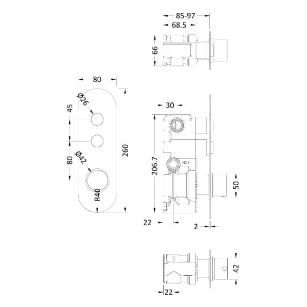 Nuie Concealed Shower Valves Nuie 2 Outlet Round Push Button Concealed Shower Valve - Chrome