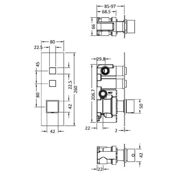 Nuie Concealed Shower Valves Nuie 2 Outlet Square Push Button Concealed Shower Valve - Chrome