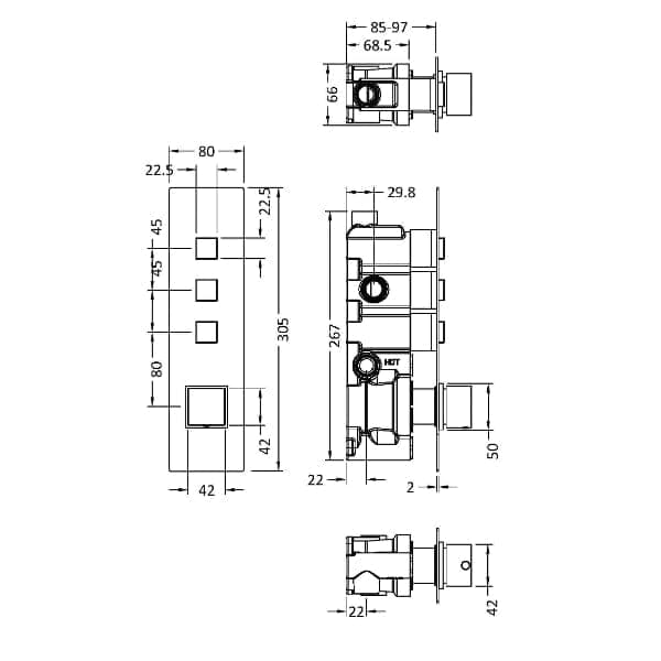 Nuie Concealed Shower Valves Nuie 3 Outlet Square Push Button Concealed Shower Valve - Chrome