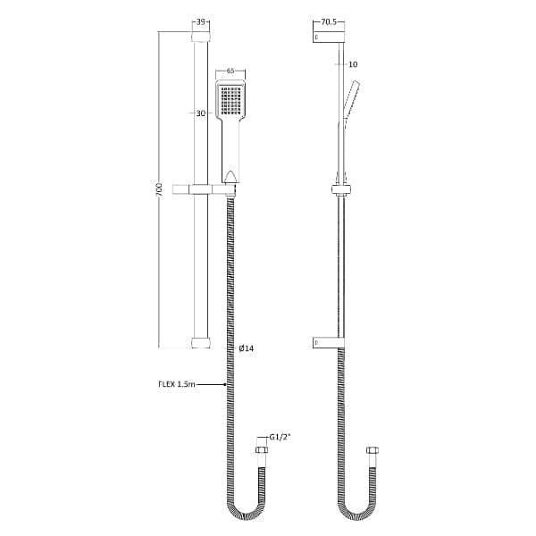 Nuie Shower Riser Rails & Slider Kits Nuie 700mm High Square Slider Rail Shower Kit - Chrome