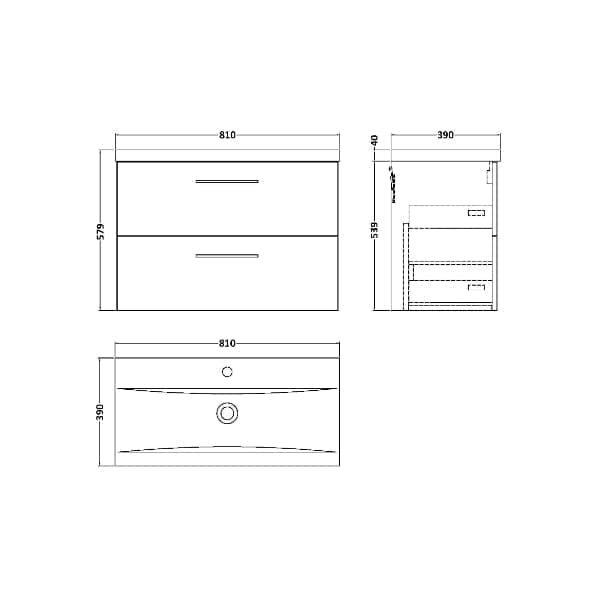 Nuie Wall Hung Vanity Units,Modern Vanity Units,Basins With Wall Hung Vanity Units,Nuie Nuie Arno 2 Drawer Wall Hung Vanity Unit With Basin-1 800mm Wide