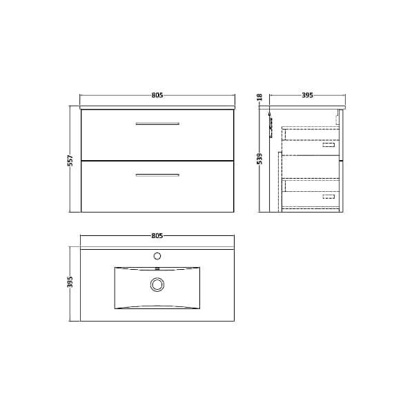 Nuie Wall Hung Vanity Units,Modern Vanity Units,Basins With Wall Hung Vanity Units, Nuie Nuie Arno 2 Drawer Wall Hung Vanity Unit With Basin-2 800mm Wide