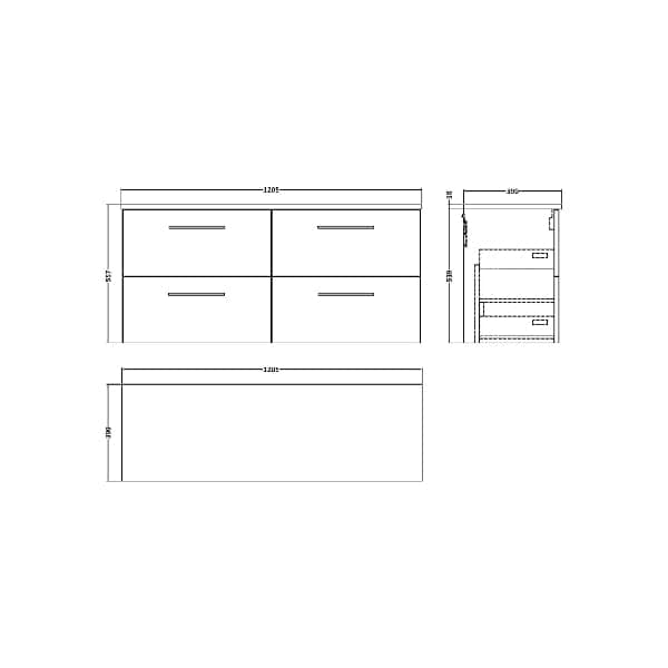 Nuie Wall Hung Vanity Units,Modern Vanity Units,Basins With Wall Hung Vanity Units,Nuie Nuie Arno 4 Drawer Wall Hung Vanity Unit With Worktop 1200mm Wide