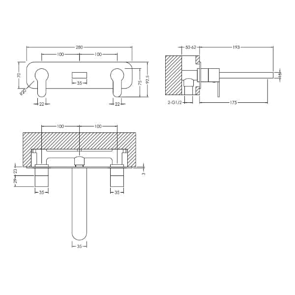 Nuie Wall Mounted Taps,Basin Mixer Taps,Modern Taps Nuie Arvan 3-Hole Wall Mounted Basin Mixer Tap With Plate - Chrome