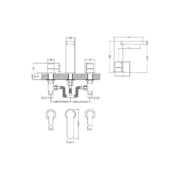 Nuie Wall Mounted Taps,Basin Mixer Taps,Modern Taps Nuie Arvan 3-Hole Wall Mounted Basin Mixer Tap With Pop Up Waste - Chrome