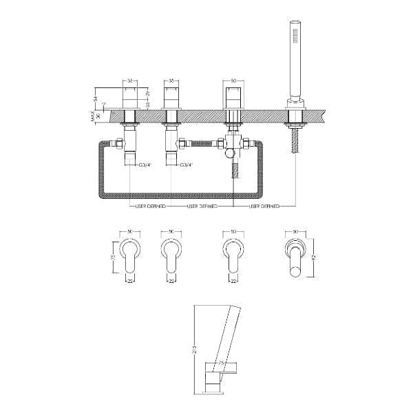 Nuie Bath Shower Mixer Taps,Deck Mounted Taps,Modern Taps Nuie Arvan 4-Hole Bath Shower Mixer Tap - Chrome