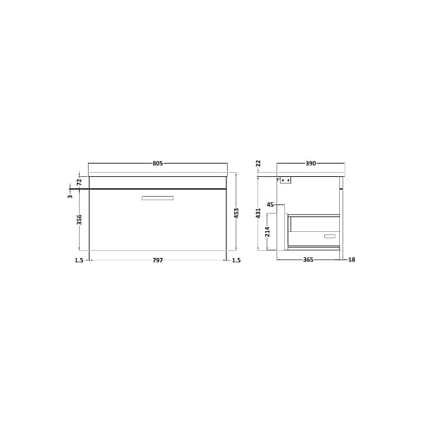 Nuie Wall Hung Vanity Units,Modern Vanity Units,Basins With Wall Hung Vanity Units,Nuie Nuie Athena 1 Drawer Wall Hung Vanity Unit 800mm Wide