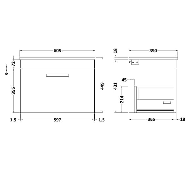 Nuie Wall Hung Vanity Units,Modern Vanity Units,Basins With Wall Hung Vanity Units,Nuie Nuie Athena 1 Drawer Wall Hung Vanity Unit With Worktop 600mm Wide