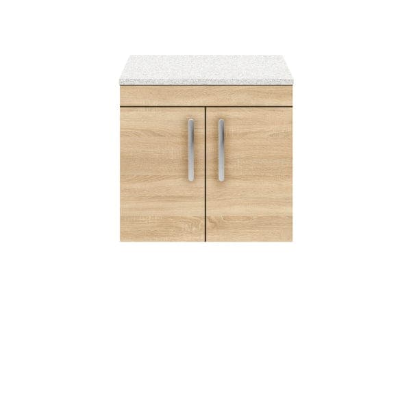 Nuie Wall Hung Vanity Units,Modern Vanity Units,Basins With Wall Hung Vanity Units,Nuie Natural Oak / Sparkling White Worktop Nuie Athena 2 Door Wall Hung Vanity Unit 600mm Wide