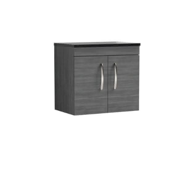 Nuie Wall Hung Vanity Units,Modern Vanity Units,Basins With Wall Hung Vanity Units,Nuie Anthracite Woodgrain / Sparkling Black Worktop Nuie Athena 2 Door Wall Hung Vanity Unit 600mm Wide