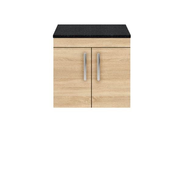 Nuie Wall Hung Vanity Units,Modern Vanity Units,Basins With Wall Hung Vanity Units,Nuie Natural Oak / Sparkling Black Worktop Nuie Athena 2 Door Wall Hung Vanity Unit 600mm Wide