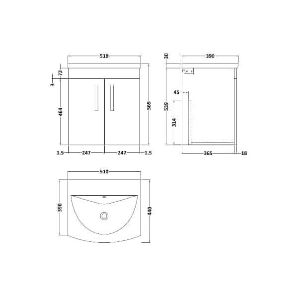 Nuie Wall Hung Vanity Units,Modern Vanity Units,Basins With Wall Hung Vanity Units,Nuie Nuie Athena 2 Door Wall Hung Vanity Unit With Basin-4 500mm Wide