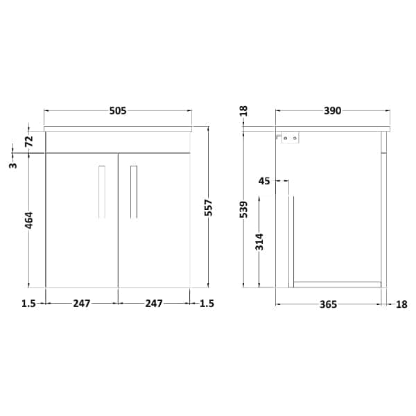 Nuie Wall Hung Vanity Units,Modern Vanity Units,Basins With Wall Hung Vanity Units, Nuie Nuie Athena 2 Door Wall Hung Vanity Unit With Worktop 500mm Wide