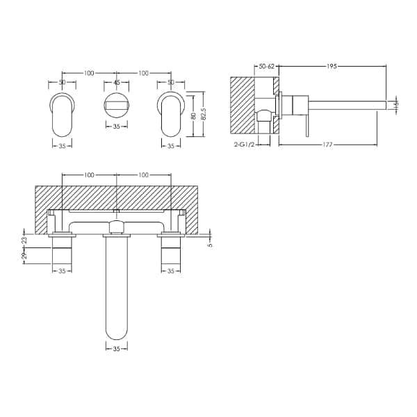 Nuie Wall Mounted Taps,Basin Mixer Taps,Modern Taps Nuie Binsey 3-Hole Wall Mounted Basin Mixer Tap - Chrome