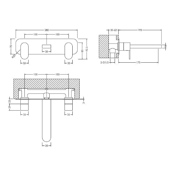 Nuie Wall Mounted Taps,Basin Mixer Taps,Modern Taps Nuie Binsey 3-Hole Wall Mounted Basin Mixer Tap With Plate - Chrome