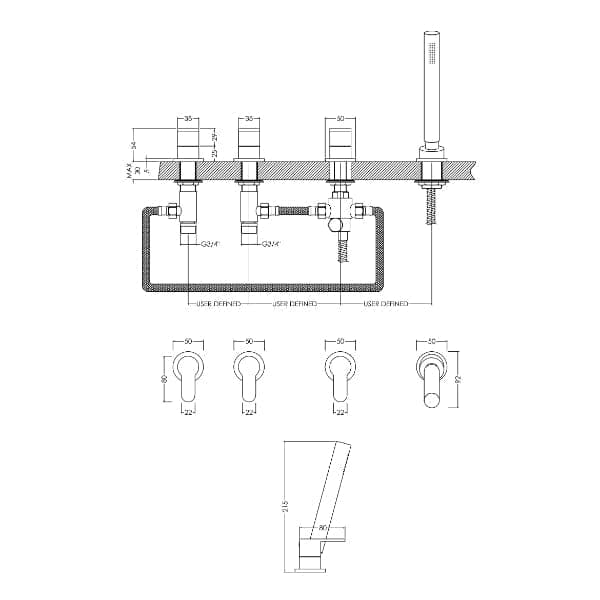 Nuie Bath Shower Mixer Taps,Deck Mounted Taps,Modern Taps Nuie Binsey 4-Hole Bath Shower Mixer Tap - Chrome