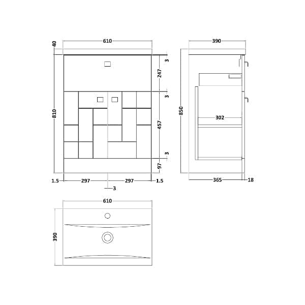Nuie Floor Standing Vanity Units,Modern Vanity Units,Basins With Floor Standing Vanity Units,Nuie Nuie Blocks 2 Door And 1 Drawer Floorstanding Vanity Unit With Basin-1 600mm Wide