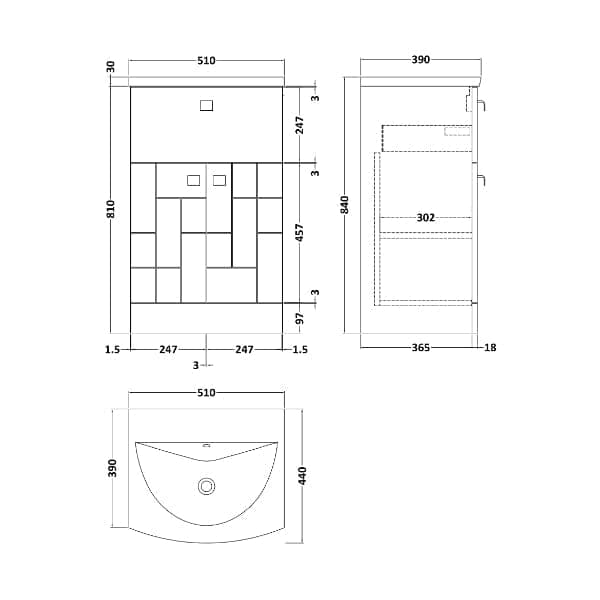 Nuie Floor Standing Vanity Units,Modern Vanity Units,Basins With Floor Standing Vanity Units,Nuie Nuie Blocks 2 Door And 1 Drawer Floorstanding Vanity Unit With Basin-4 500mm Wide