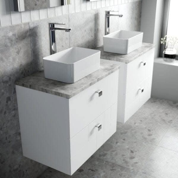 Nuie Wall Hung Vanity Units,Modern Vanity Units,Basins With Wall Hung Vanity Units,Nuie Nuie Blocks 2 Drawer Wall Hung Vanity Unit With Bellato Grey Worktop 600mm Wide