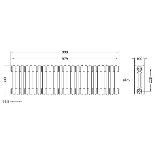 Nuie Column Radiators Nuie Colosseum Horizontal 3 Column Radiator - 300mm x 999mm - High Gloss White