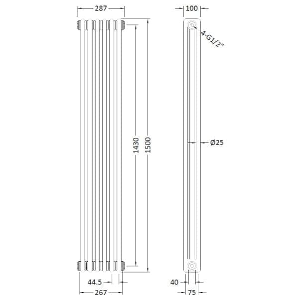 Nuie Column Radiators Nuie Colosseum Vertical 3 Column Radiator - 287mm x 1500mm - High Gloss White