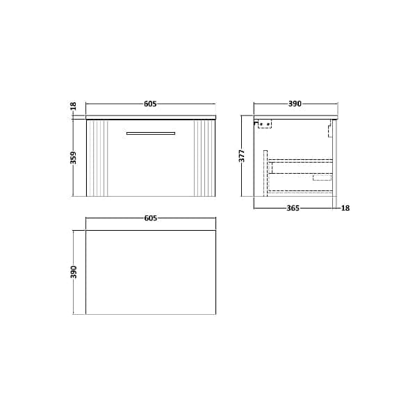 Nuie Wall Hung Vanity Units,Modern Vanity Units,Basins With Wall Hung Vanity Units,Nuie Nuie Deco 1 Drawer Wall Hung Vanity Unit With Worktop 600mm Wide