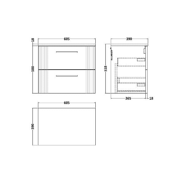 Nuie Wall Hung Vanity Units,Modern Vanity Units,Basins With Wall Hung Vanity Units,Nuie Nuie Deco 2 Drawer Wall Hung Vanity Unit With Worktop 600mm Wide