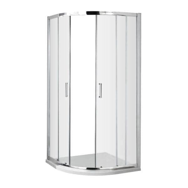 The Nuie Ella Quadrant Shower Enclosure With Handle - Chrome by Nuie features clear sliding doors, a curved front design, sleek chrome trim, and metal handles for a modern look.