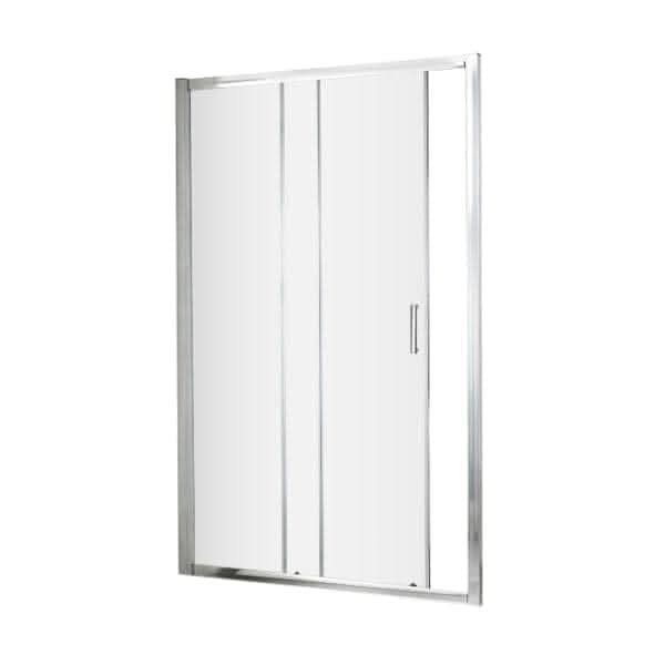 The Nuie Ella Sliding Shower Door With Handle - Chrome by Nuie features a clear frameless glass door, chrome frame, and a vertical handle.