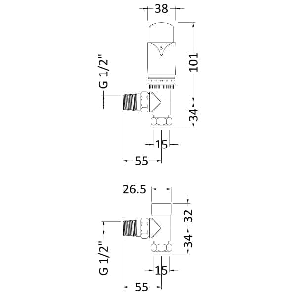 Nuie Thermostatic Radiator Valves Nuie Luxury Angled Thermostatic Radiator Valve Pair - 128mm High - Chrome