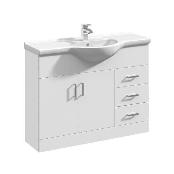 Nuie Floor Standing Vanity Units,Modern Vanity Units,Basins With Floor Standing Vanity Units, Nuie Nuie Mayford 2 Door And 3 Drawer Floorstanding Vanity Unit With Round Basin 1050mm Wide - Gloss White