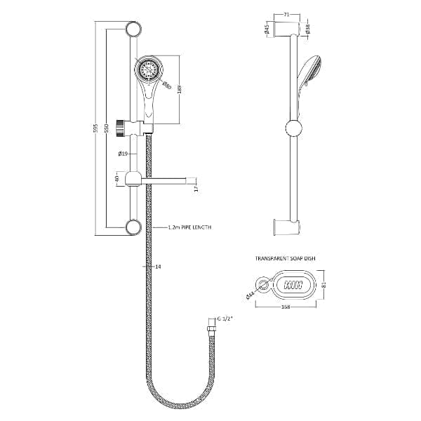 Nuie Shower Riser Rails & Slider Kits Nuie Modern 600mm High Shower Slider Rail Kit - Chrome