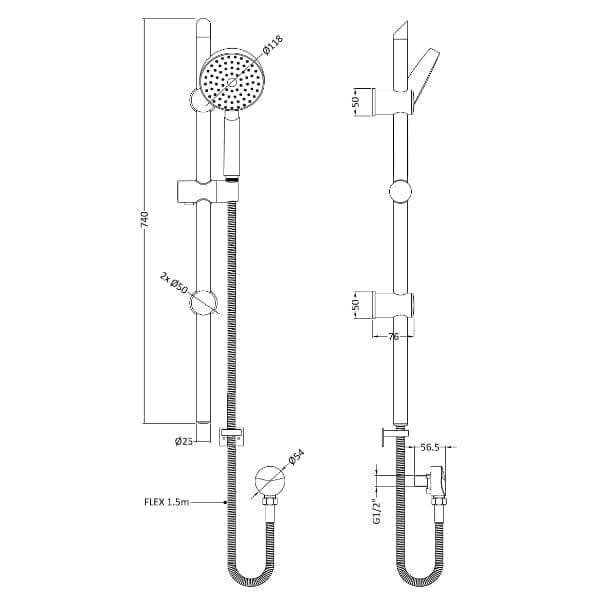 Nuie Shower Riser Rails & Slider Kits Nuie Modern 820mm High Slider Rail Shower Kit With Handset - Chrome