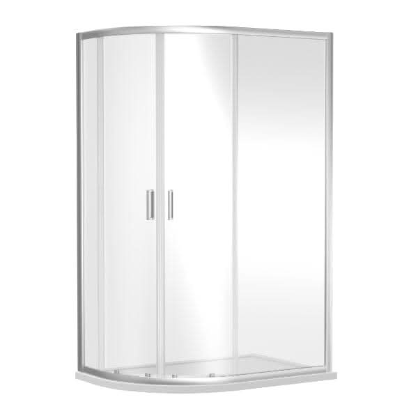 The Nuie Rene Offset Quadrant Shower Enclosure features a frameless curved front with double sliding doors and a sleek silver frame from top brand Nuie—an ideal choice for adding modern style to your bathroom.