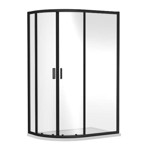 The Nuie Rene Offset Quadrant Shower Enclosure by Nuie features a curved glass design, black metal frame, dual sliding doors with handles, and a sleek white base for a stylish contemporary shower space.
