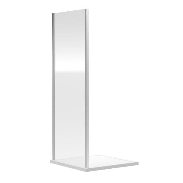 The Nuie Rene Side Panel - Chrome by Nuie is a clear, vertical acrylic or glass panel with a chrome metal frame that stands upright on a square white base, resembling a protective barrier or partition.